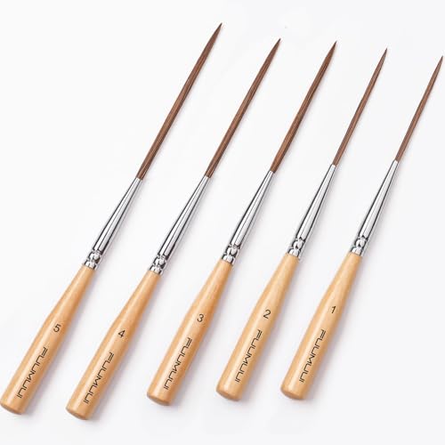 Fuumuui Long Liner Brush, 5pcs Ox Ear Hair Liner Paint Brush Set for Filling Corners, Marking, Outlining, Creating Edge Borders - Watercolor Acrylic Oil - color: Wood Color-5pcs