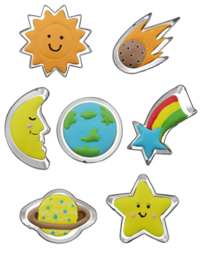 Planet Series Cookie Cutter Set of 7 pcs, Stainless Steel Universe Outer Space Fondant Cutters Set for Holiday Baking Clay DIY Molds
