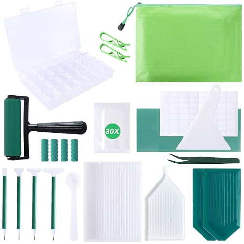 LYMUSUMI 61PCS 5D Diamonds Art Accessories and Tools Kits with Diamond Painting Roller and Diamond Art Storage Box for Adults or Kids（Green） - color: green