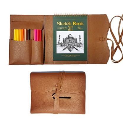 Leather Sketch Book Cover, Leather Sketchbook Holder for 5.5"x 8.5", Travel Sketch Board Pad Pencil Holder, Drawing SketchBook Cover Pencil Case, Painter Artist Sketch Pad Holder (Small) - size: Small