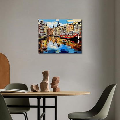 TUMOVO ‌Paint by Numbers Kit for Adults Amsterdam Canal Houses Landscape Painting with Spring Trees DIY Art Set Includes 16x20 Inch Canvas Acrylic Paints and Brushes European Cityscape Gift Idea - color: Artwork-03