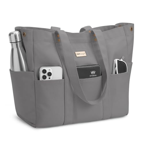 TOPDesign Large Canvas Tote Bag for Women, Shoulder Bag with Laptop Sleeve & Pockets, Everything Tote for Travel, Work (Grey) - color: Grey