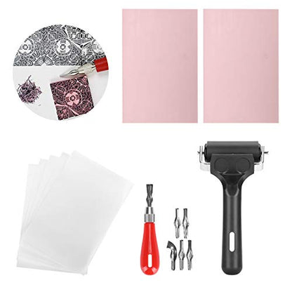 Adfaga Professional Rubber Stamp Carving Kit with 6 Blades 2 Rubber Blocks 5 Parchment Sheets for DIY Printmaking Crafts and Art Projects