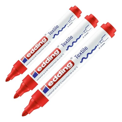 edding 4500 textile marker - red - 1 pen - round nib 2-3 mm - permanent fabric markers for drawing on textiles, wash-resistant up to 60 °C - marker pens for fabric lettering (Pack of 3) - color: Red, size: 1 Count (Pack of 3)