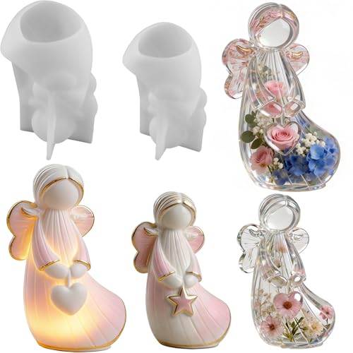 2Pcs Angel Resin Silicone Mold Set Clear Stars Hearts Epoxy Resin Casting Molds for Flower Preservation DIY Bookends Art Crafts Home Decor Ornament Keepsake Making Casting Soap Clay Random delivery - color: White