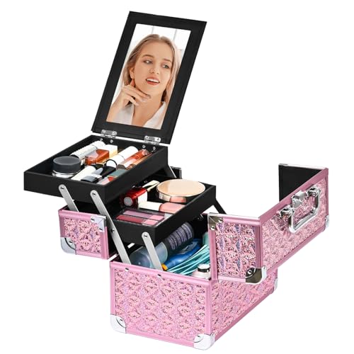 Makeup Case Organizer,Makeup Train Case, Trays Cosmetic Box Portable, Profesional for Salon Barber,Pink - color: Pink