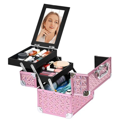 Makeup Case Organizer,Makeup Train Case, Trays Cosmetic Box Portable, Profesional for Salon Barber,Pink - color: Pink