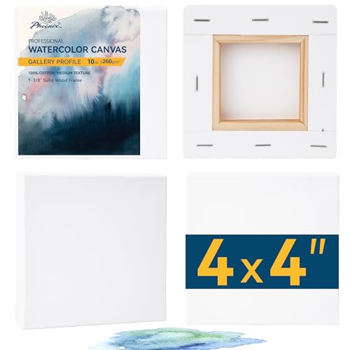 PHOENIX Gallery Depth Watercolor Canvas - 4x4 Inch/4 Pack, 1.5 in Deep 100% Cotton Water Color Square Canvases for Painting, 260g Medium Texture Canvas for Water Based Paints - size: 4"x4", style: Gallery Canvas