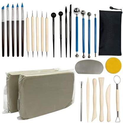 2.2LBs White Pottery Clay with 27 Pcs Clay Sculpting Tools,Natural Air Dry Clay Kit for Adults, Modeling Clay for Pottery, Ceramic Graving Pottery Wheel use for DIY Handicraft (White)