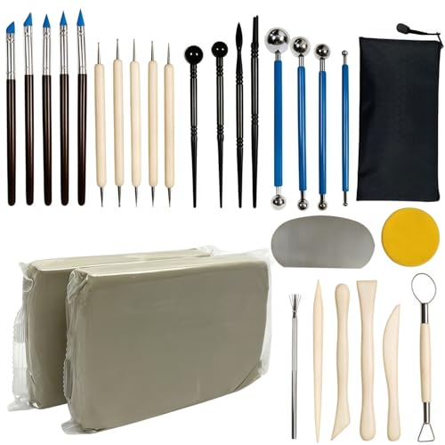 2.2LBs White Pottery Clay with 27 Pcs Clay Sculpting Tools,Natural Air Dry Clay Kit for Adults, Modeling Clay for Pottery, Ceramic Graving Pottery Wheel use for DIY Handicraft (White)
