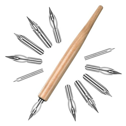 ZEYIYER 11 Pcs Dip Pens, G Pen Ink Nibs, Wooden Drawing Pen Holder with Stainless Steel Dip Pens for Comic, Drawing, Writing, Calligraphy