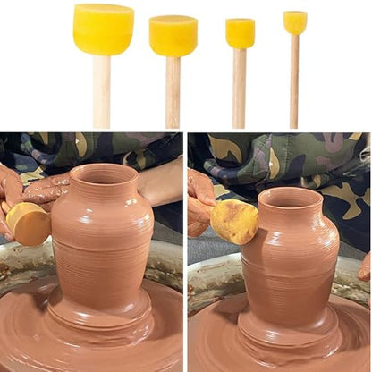 6 Pcs Pottery Tool Sponges for Clay, 4 Sponges with Stick 4 Sizes, 1 Round Sponge,1 Oval Sponge, Ceramic Trimming and Shaping Tools for Pottery Wheel and Clay Artists