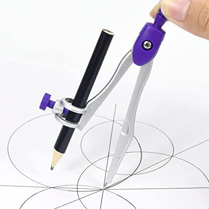 Unjoo Math Geometry Kit Sets 10 Piece Student Supplies with Shatterproof Storage Box,Includes Rulers,Protractor,Compass,Eraser,Pencil Sharpener,Lead Refills,Pencil,for Drafting and Drawings（Purple） - color: Purple