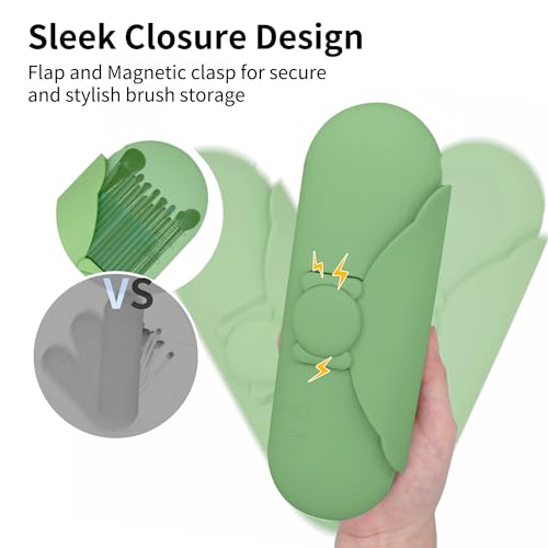 Travel Makeup Brush Holder with Cleaning Pad -Silicone Brush Organizer Case, Magnetic Closure Waterproof Cosmetic Bag for Easy Storage & On-the-Go Cleaning (9.05 Inch) - color: Green