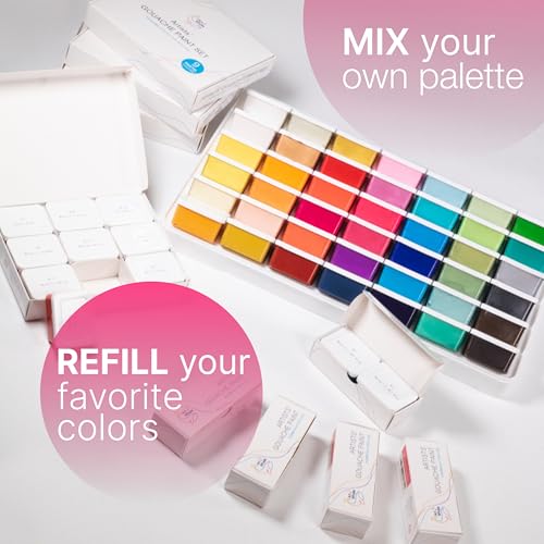 Gouache Paint Set 42 Colors, 50ml Cups with Lids – 24 Metallic & 18 Basic Shades, Refillable Gouache, Opaque & Creamy, Leakproof Storage, Travel Case, Non-Toxic - color: Metallic and Basic