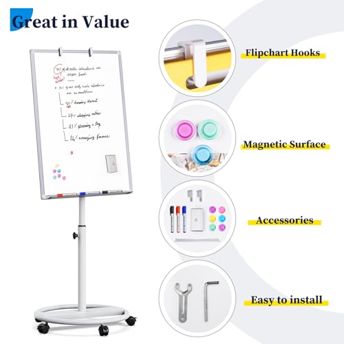 Mobile Whiteboard – 36 x 24 inches Portable Magnetic Dry Erase Board, 3' x 2' Stand Easel White Board Dry Erase Easel Standing Board with Flipchart Hooks - color: White, size: 24"W x 36"H