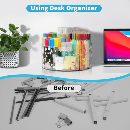 Acrylic Pen Holder with 2 Adhesive DIY Stickers, Desk Organizer Marker Holder with Cute Sticker, 360 Degree Office Supply Organizer Clear Pencil Holder Kid Art Supply Storage Organizer 6 Compartments - size: Large x2 sticker