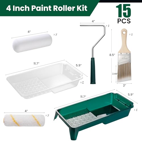 Paint Roller Kit, 15 Pack, 4 Inch Paint Roller, Small Paint Roller with Tray Liners, Roller Paint Brush Covers for All Surfaces, Painting Supplies for Walls, Kitchen, Cabinets and Ceilings