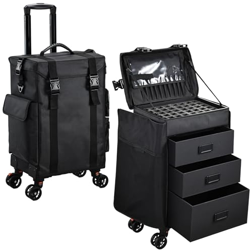 Stagiant Rolling Makeup Case 4 in 1 Soft Sided Professional Cosmetology Case on Wheels Freelance Makeup Artist Nylon Cosmetic Organize Storage Nail Technician Hair Stylist 3 Drawers Black