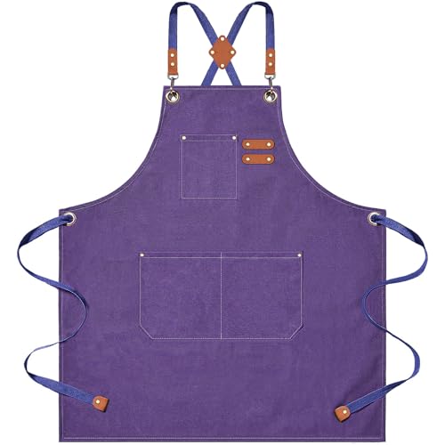 AFUN Aprons for Men Women with Large Pockets, 16-Ounce Cotton Canvas Cross Back Apron - color: Purple