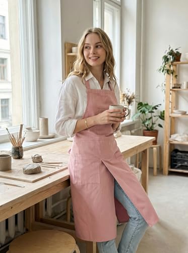 Molaxhome Split Apron with 3 Pockets,Unisex Pottery Apron with Adjustable Strap for Kitchen Ceramics - color: Pink