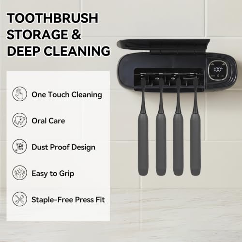 OTraki Black Wall Mounted Toothbrush Holders with Stainless Steel Rack, 4 Slots Toothbrush Holder Rechargeable Toothbrush Cleaner Holder with Fan Drying, No Drill Install