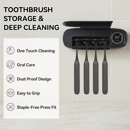 OTraki Black Wall Mounted Toothbrush Holders with Stainless Steel Rack, 4 Slots Toothbrush Holder Rechargeable Toothbrush Cleaner Holder with Fan Drying, No Drill Install