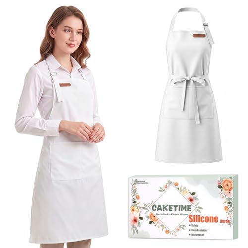 CAKETIME Colorful Silicone Leather Aprons for Women Waterproof Cleaning Cooking Baking Kitchen Bids Mother Chef Funny Gifts - color: White