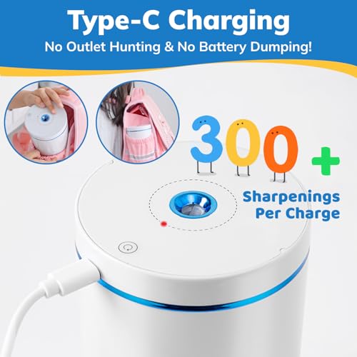 Electric Pencil Sharpener, Fully Automatic Pencil Sharpener with Auto In and Out, Rechargeable and Hands-Free for Standard 6-8mm Pencils, Perfect for Classroom and Home Use (White and Blue) - color: White & Blue
