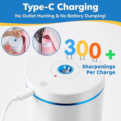 Electric Pencil Sharpener, Fully Automatic Pencil Sharpener with Auto In and Out, Rechargeable and Hands-Free for Standard 6-8mm Pencils, Perfect for Classroom and Home Use (White and Blue) - color: White & Blue