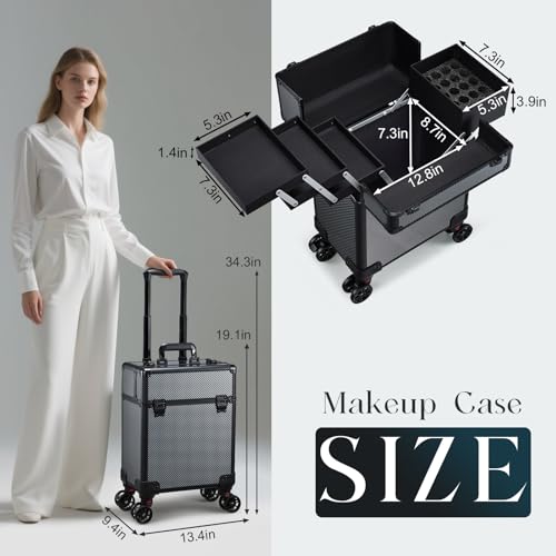 Rolling Makeup Case, Cosmetology Case on Wheels Professional Vanity Case with Trays for Women Large Travel Makeup Box Organizer Trolley with Key, Ashy Grey - color: Urban Black