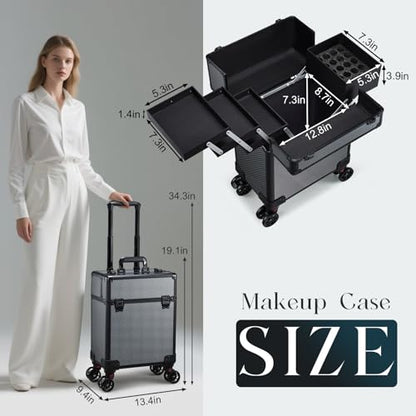 Rolling Makeup Case, Cosmetology Case on Wheels Professional Vanity Case with Trays for Women Large Travel Makeup Box Organizer Trolley with Key, Ashy Grey - color: Urban Black