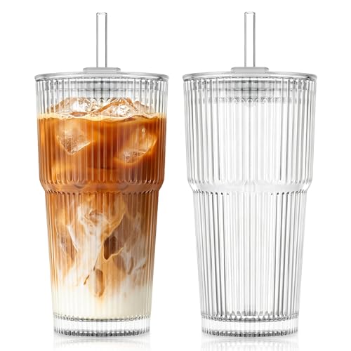 KEMORELA 20 oz Ribbed Glass Tumblers with Lids and Glass Straws 2pcs – Vintage iced coffee cups with lids, Reusable Glass Cups for Water Leak Proof for Coffee Bar Accessories- Includes Cleaning Brush - size: 20oz 0.3"straw