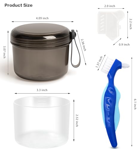Denture Bath Case Box, Leak Proof Denture Cups for Soaking Full & Partial Dentures, Retainers,Dishwasher safe,with Hard Denture Brush & Denture Toothbrush Cover (Transparent Black) - color: transparent black