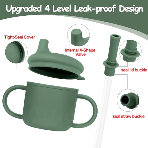 Mity rain Stainless Steel Sippy Cups for Toddlers1-3, Baby Straw Cups for 6+Month Old with Travel Lid, Silicone StrawReplacement Straw & Cleaning Brush-8oz Toddler Cups Spill Proof - color: olive drab