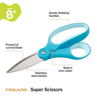 Fiskars 6" Kids Super Scissors with PowerCut Technology to Boost Cutting Power, Perfect for Multiple Paper Layers, Foam & Cardboard, Integrated Wire Cutter for Pipe Cleaners, Craft & School Supplies - style: Super Scissors