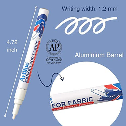 Artline Fabric Markers Permanent For Clothes, High Density Instant Dry Ink for Bright Clothing & Labels, Fabric Marker with 1.2 mm Fine Tip, White, Pack of 12