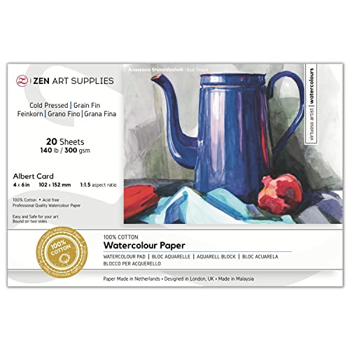 Watercolor Paper Block 4x6 in – ZenART 100% Cotton Watercolor Paper, Cold Pressed 140 lb / 300 GSM, Acid-Free, 20 Sheets, Thick Absorbent, Artist Grade for Water Color, Gouache and Other Wet Media - size: 4"x6" Albert Card