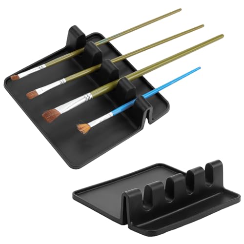 AHANDMAKER 2 Packs Silicone Paint Brush Holders, Rectangular Paintbrush Organizer Stand with 4 Slots for Drawing Artists Thick Paint Brush Drying Rest for Watercolor Oil Painting Accessories, Black - color: Black