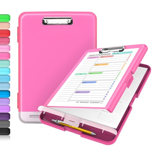 Sooez Clipboard with Storage, Clip Board 8.5 x 11 with Pen Holder, Plastic Organization Case Box for Letter Legal A4 Size Paper, Low Profile Clip, Nurses Teachers Must Haves, School & Office Supplies - color: Rose Pink