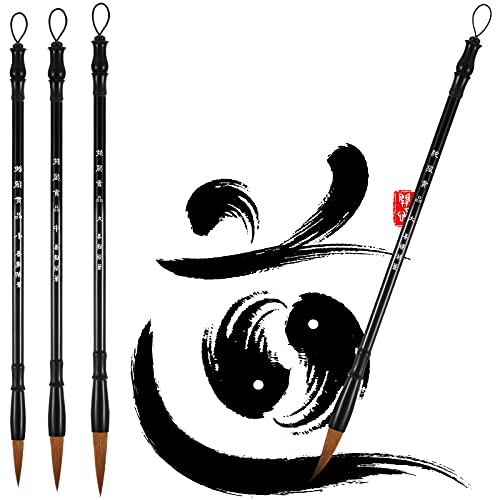 Zonon 3 Pieces Chinese Calligraphy Brush Pens Japanese Calligraphy Brush Sumi Drawing Brush Traditional Wooden Watercolor Ink Pens for Beginner Watercolor Painting Tools (3 Sizes)