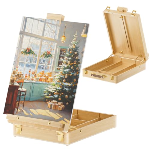LUCYCAZ Tabletop Easel for Painting, Adjustable Wooden Sketchbox Art Easel, Portable Desktop Painting Easel for Adult, Student, Artist, Beginner