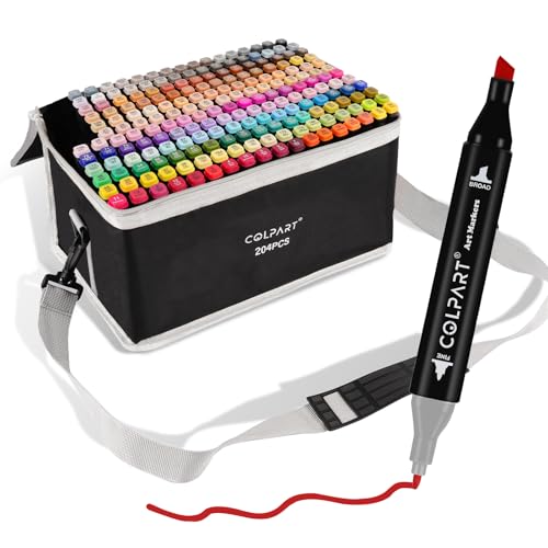colpart 204 Colors Alcohol Markers Dual Tip Art Marker Pens with Pen Holder and Carry Bag for Adult Coloring Painting Supplies Perfect for Painting, Coloring, Sketching and Drawing - style: 204 Bullet tip