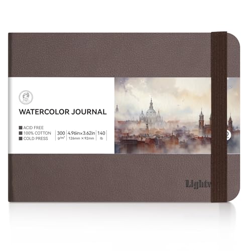 Lightwish Watercolor Journal, 100% Cotton Cold Press Small Watercolor Paper Sketchbook 4.96” x 3.62”, 20 Sheets (140lb/300gsm), Acid-Free for Watercolors, Gouache, Acrylics - color: Brown, size: 4.96*3.63 Inches