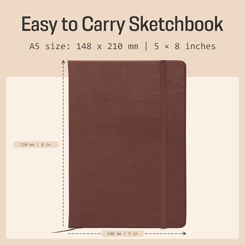BROWNSTONE JOURNALS A5 Sketch Book Hardcover - 80 Sheets 100 GSM Paper 5"x8", Lay Flat, Vegan Leather Cover, Elastic Band, Back Pocket, Art Drawing Book (Chestnut Brown) - color: Chestnut Brown, size: A5 (5" x 8")