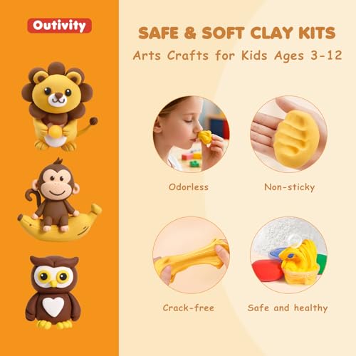 Air Dry Clay Kit for Kids, 12 Animal Crafts Modeling Clay Model Magic, Clay Kits with Sculpting Tools & Tutorials, Safe & Non-Stick DIY Art Crafts, Toys Gift for Ages 3-12 Boys & Girls - color: Clay animals Kit