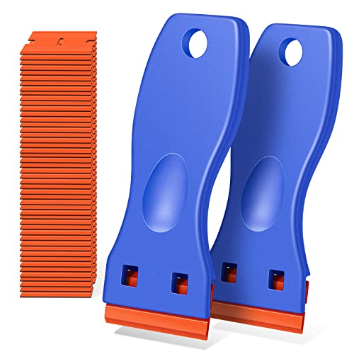 Plastic Razor Blade Scraper, 2 Pack Razor Scraper with 120 Pcs Razor Blades for Removing Glue, Sticker, Decals, Tint from Car Window and Glass(Blue) - color: Blue-2pcs