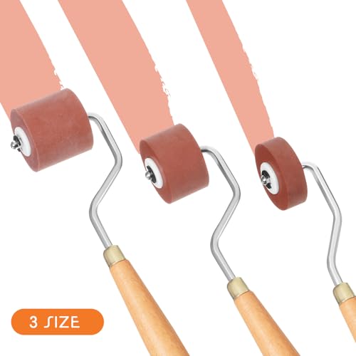 Beavorty 3pcs Rubber Rollers Set with Comfortable Grip and Three Different Widths for Printmaking and Craft Stamping, Sturdy Wood and Stainless Steel Handles Reduce Fatigue