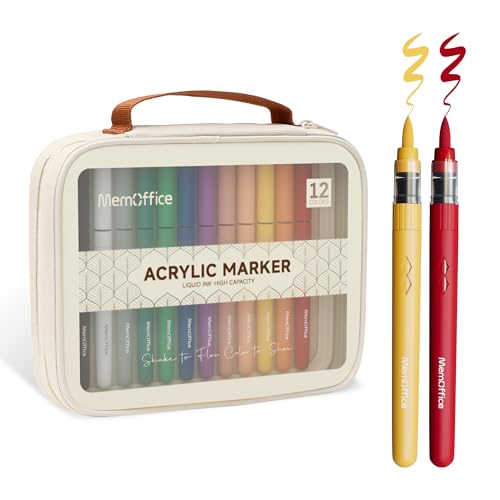 MemOffice Direct Liquid Acrylic Paint Markers, 12 Colors Brush Tip Pens with Carrying Case, No Bleed, Waterproof, for Rock, Wood, Canvas, Glass, Fabric, DIY Crafts for Adults - color: 12 Colors