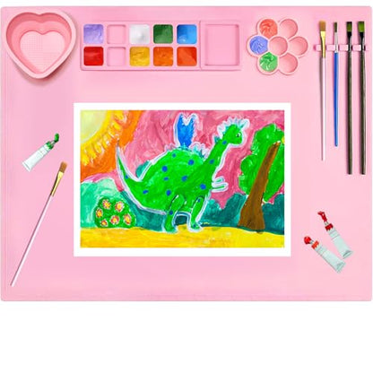 Silicone Painting Mat,20"X16"Large Silicone Art mat, Art Mat with Cup, Easy Clean up, Protects Surfaces Perfectly. for Paint, Color, Play with Clay/Play Dough.(Pink) - color: Pink